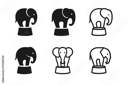 Elephant Logo Variations. Elephant Performance. Set Logo of Elephant Performance: elephant on pedestal. harmonious logo variations of the same emblematic