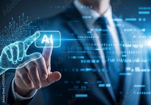 Businessman s hand with glowing ai interface touching a digital button representing artificial intelligence