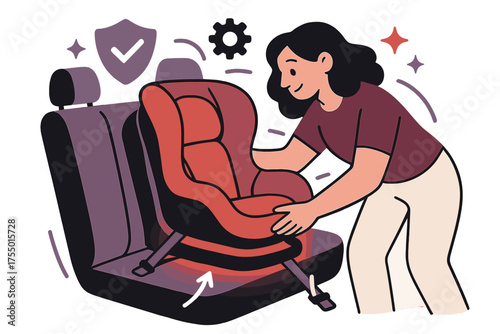 Secure Car Seat Installation. Safe installation. Glowing seat base locked into car with arrows highlighting secure straps. Floating icons of shield, gear, and