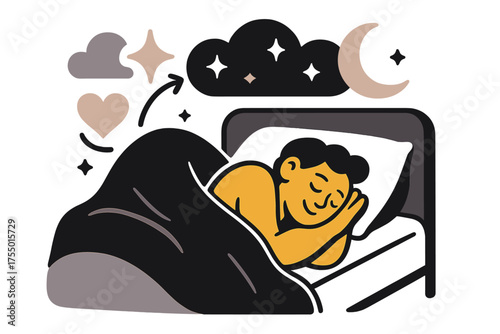Dreamy Restful Sleep. Restful sleep. Glowing person curled under blanket with stars and moon above bed. Floating icons of cloud, sparkle, and heart symbolizing