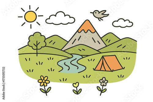 Colorful Mountain Landscape. Field and Mountains. Hand-drawn doodle illustration mountain peak (colored), rolling hills, grassy field (colored), sun, cloud
