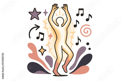 Energetic Dance Display. Movement break. Glowing figure dancing lightly or stretching arms upward with music notes floating. Floating icons of star, arrow, and