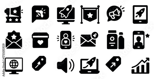 Digital marketing icons set – silhouette, solid, branding, advertising visuals
