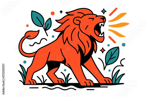 Glowing Lion Roar. Predator?s Roar. A glowing lion roaring in the jungle, abstract floating spark and wave lines symbolizing raw dominance. Modern flat-line