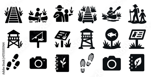 Nature and adventure solid icons set – silhouette, hiking, camping symbols