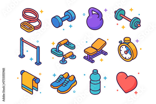 Strength Training Icons. Strength Training. Colorful isometric vector icons set of strength training: resistance band, dumbbell, kettlebell, barbell, pull-up