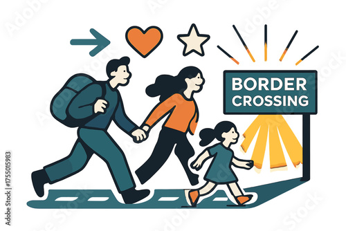 Hopeful Journey. Border crossing. Glowing family walking across marked path with welcoming lights ahead. Floating icons of arrows, heart, and star symbolizing