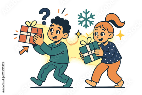 Magical Pajama Fun. Pajama magic. Kids glowing while shaking wrapped boxes with curious smiles. Floating icons of question mark, sparkle, and snowflake showing