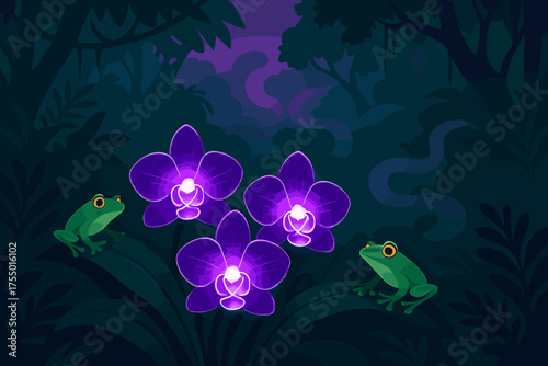Colorful frogs and glowing orchids create a mystical scene in a dense jungle at twilight