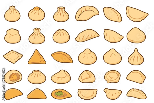 Various dumplings displayed on a white background, showcasing different shapes and styles from diverse cuisines