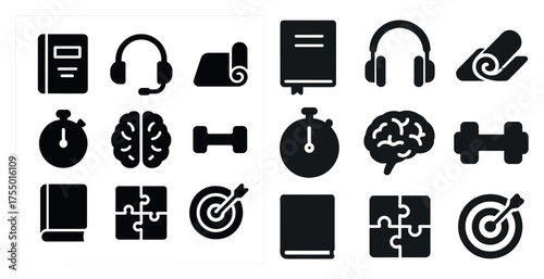 Fitness and learning silhouette icons set – solid, health, education symbols