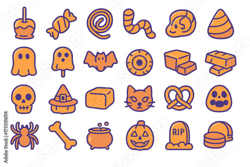 Halloween themed icons featuring candy, ghosts, and spooky creatures set against a bright background