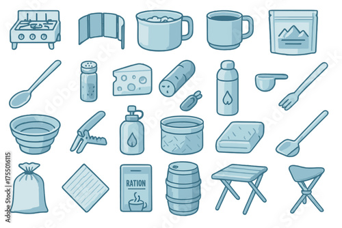 Collection of camping and cooking supplies neatly arranged for outdoor adventures and meal preparation