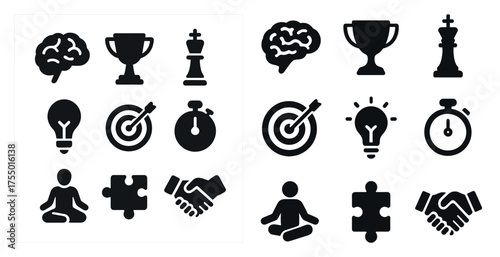 Business and strategy solid icons set – filled, success, planning symbols