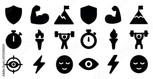 Fitness and gym solid icons set - silhouette, workout, exercise symbols