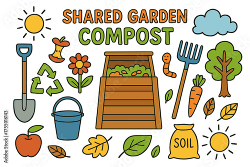 Colorful Compost Doodles. Shared Garden Compost. Colorful Hand-drawn doodle Children illustration compost bin, shovel, rake, flower, tree, worm, apple core,