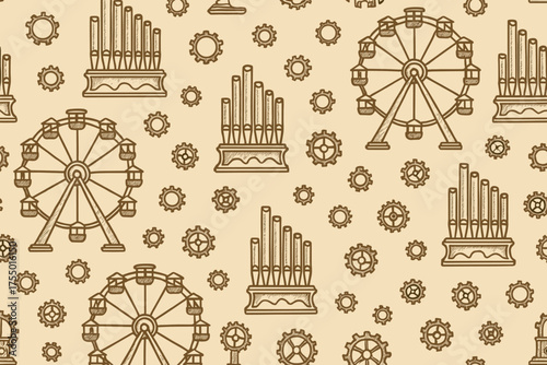 Vintage carnival theme pattern with ferris wheels and musical instruments in soft colors