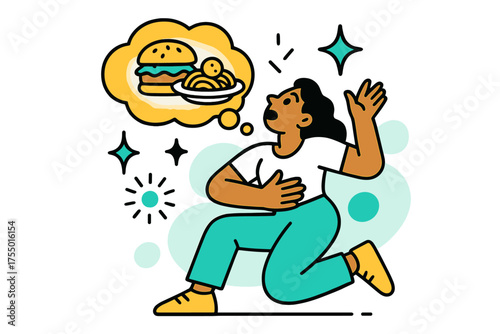 Dreaming of Food. Craving Meal. A glowing thought bubble above a character showing food, abstract floating spark and star icons symbolizing desire. Modern