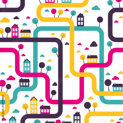 Seamless Bright Cartoon City Road Map Pattern.ai
