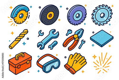 Colorful Metal Cutting Icons. Metal Cutting. Colorful isometric vector icons set of metal cutting: diamond blade, grinding wheel, cutting disc, circular saw