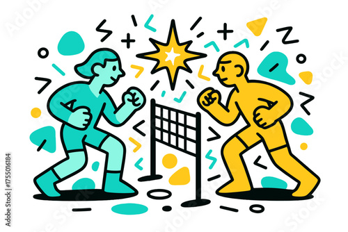 Glowing Net Play. Net Play. Two glowing players facing each other across a net, abstract floating spark and line shapes symbolizing competition. Modern