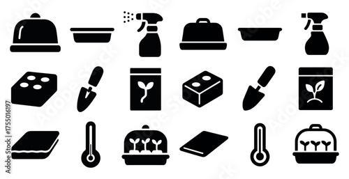 Gardening solid icons set – filled, silhouette, planting and horticulture symbols