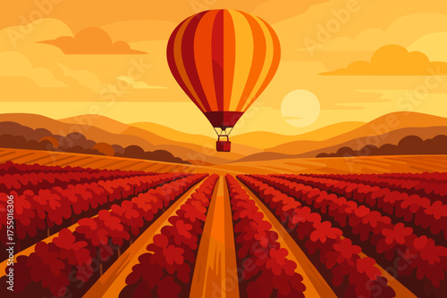 Hot air balloon glides over a vineyard at sunset with vibrant colors in the sky and rows of grapevines below