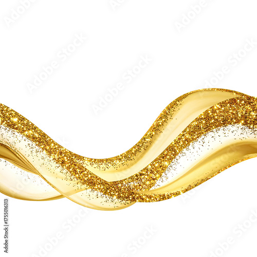 A flowing, shimmering golden wave with glitter, against a stark black background