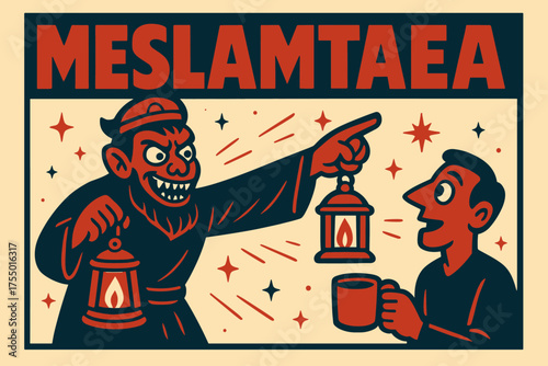 Meslamtaea God Banner. Meslamtaea God banner, flat vector illustration, bold oversized text inside rectangular frame, cartoon characters standing and pointing,