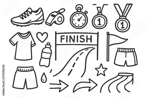 Track and Field Icons. Track and field. Hand-drawn doodle illustration track and field sneakers, whistle, stopwatch, medal, finish line, road, flag, shorts,