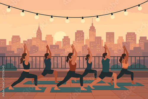 Group of people practicing yoga at sunset on a rooftop in an urban setting surrounded by city skyline