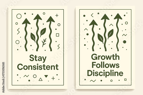 Consistent Growth Banners. Inspiration. Two vertical A6 banners with safe margins, centered composition, no elements touching edges, memphis style, olive green