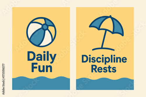 Beach Day Banners. Beach activities. Two vertical A6 banners with safe margins, centered composition, no elements touching edges, playful minimal style, sand