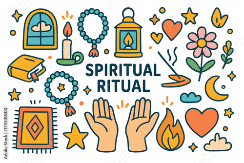 Colorful Spiritual Ritual Icons. Spiritual Ritual. Colorful Hand-drawn doodle Children illustration candle, lantern, beads, book, hands, incense, flower,