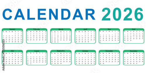 Full year 2026 calendar displayed in monthly grids. 2026 yearly calendar vector design