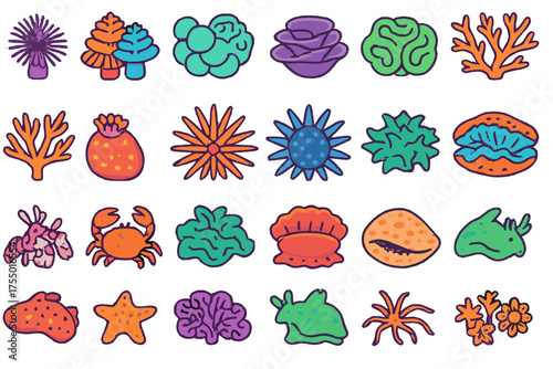 Colorful collection of tropical marine life illustrations featuring corals, shells, and sea creatures