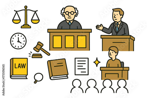 Courtroom Doodle Illustration. Courtroom Scene. Hand-drawn doodle illustration judge?s bench (colored), gavel, lawyer (colored), witness stand, scales of