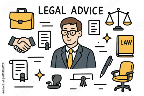 Legal Concepts Illustrated. Legal Advice. Hand-drawn doodle illustration lawyer (colored), briefcase, law book (colored), handshake, document (colored), scales