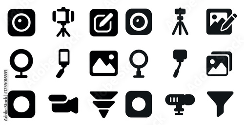 Photography and editing solid icons set – flat, filled, camera and photo tools