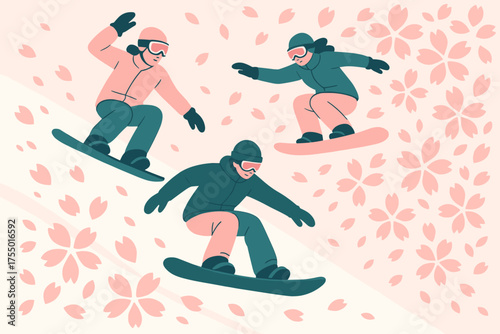 Snowboarders enjoying a vibrant day on the slopes amidst falling cherry blossoms