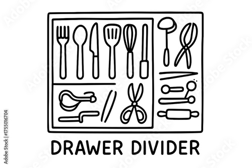 Kitchen Drawer Organizer. Drawer divider. Hand-drawn doodle illustration drawer divider tray, drawer, fork, spoon, knife, spatula, whisk, ladle, tongs, peeler,