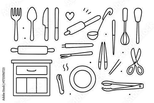 Kitchen Utensil Doodles. Home kitchen. Hand-drawn doodle illustration home kitchen fork, spoon, knife, spatula, whisk, ladle, rolling pin, chopsticks, tongs,