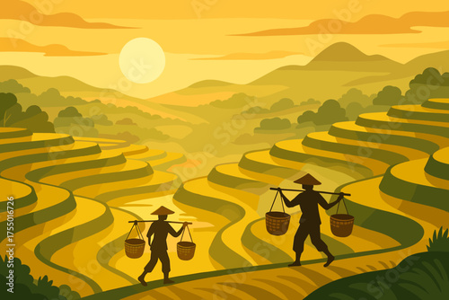 Farmers carry baskets during sunset in a rice terrace field in a rural landscape