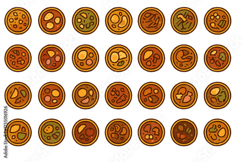 Variety of colorful circular dishes illustrated, depicting different foods and textures, perfect for menu designs or culinary art projects