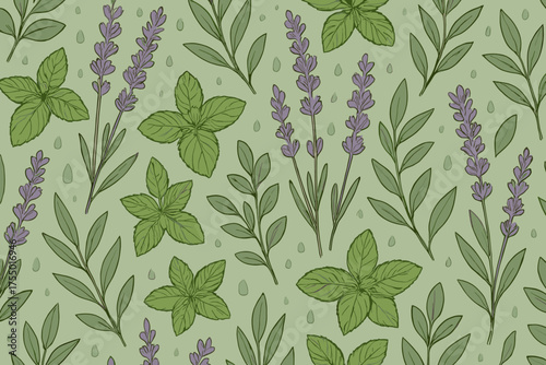 Beautiful pattern of lavender and mint leaves on a light green background showcasing nature's vibrant colors