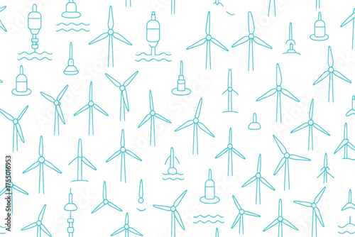 Unique pattern of wind turbines and buoys in a simple illustration showcasing renewable energy concepts
