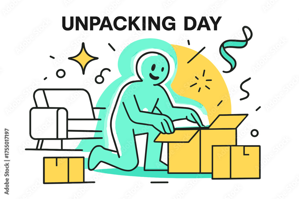 Fresh Start Unpacking. Unpacking Day. A glowing character opening boxes in a new living room, abstract floating spark and ribbon icons symbolizing fresh start.
