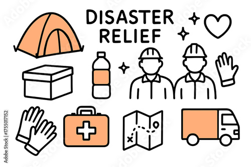 Disaster Relief Doodles. Disaster Relief. Hand-drawn doodle illustration tent (colored), rescue team, water bottle (colored), supply box, first aid kit