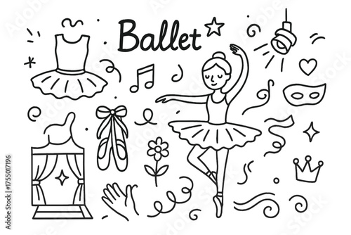 Ballet Doodle Elements. Ballet. Hand-drawn doodle illustration ballet ballet shoes, tutu, dancer, music note, star, spotlight, stage, flower, swirl, ribbon,