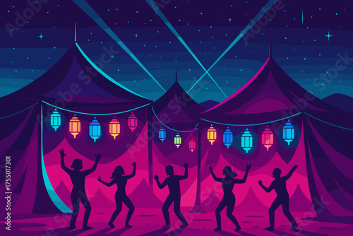 Colorful dance festival under a starry sky with illuminated tents and vibrant lanterns at night